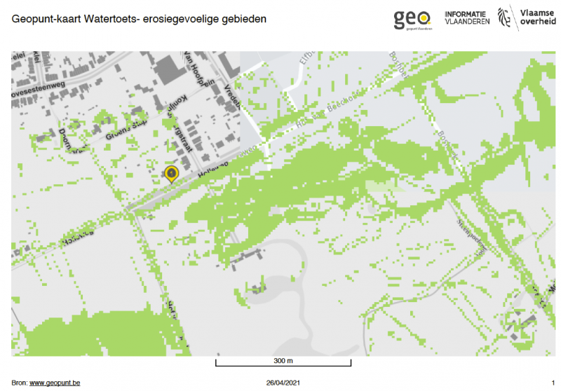 Figuur: De groene markering van de Holleweg betekent dat het een erosiegevoelig gebied is.